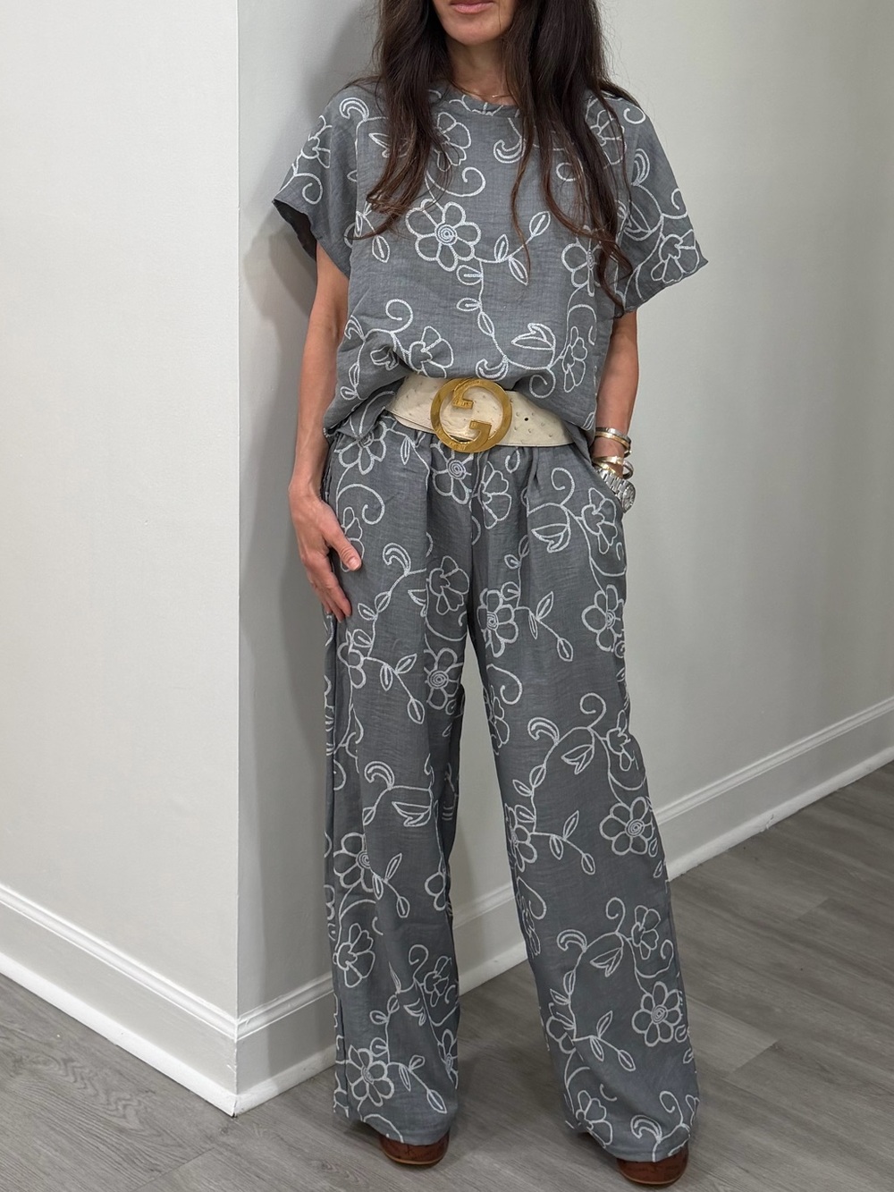 Gray Floral Wide-Leg Top and Pant Set